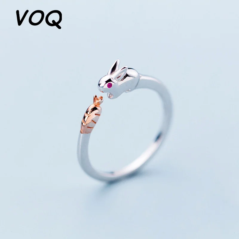 VOQ Cute Rabbit Carrot Opening Ring Animal Ring for Women Girls Silver Color Jewelry Gifts Wholesale