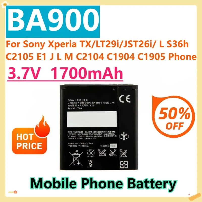 

For Sony Xperia TX/LT29i/JST26i/ L S36h C2105 E1 J L M C2104 C1904 C1905 Phone 3.7V 1700mAh BA900 AB-0500 Replacement Battery