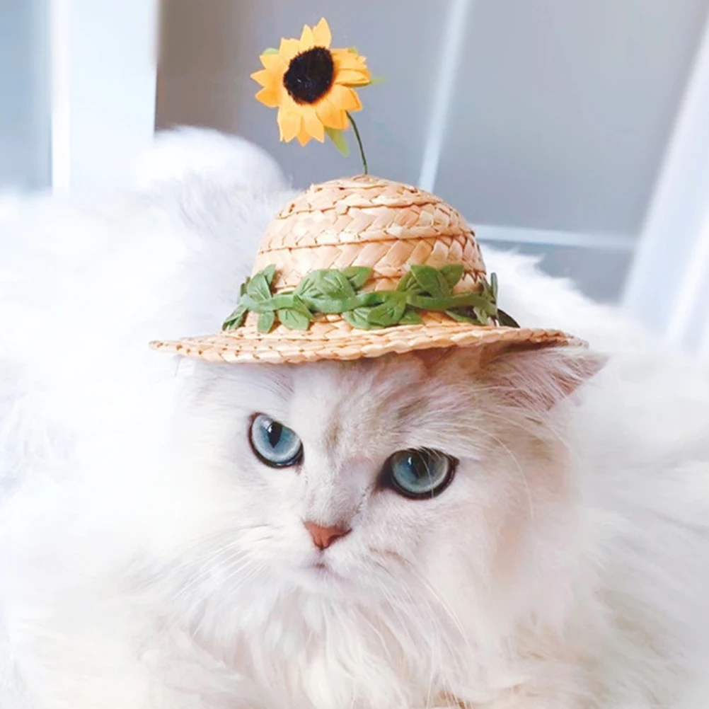 

Pet Sunflower Headdress Dog Hat Woven Wide Brim Puppy Hats Small Stylish Photo Prop Party Favor Holiday Pet Costume