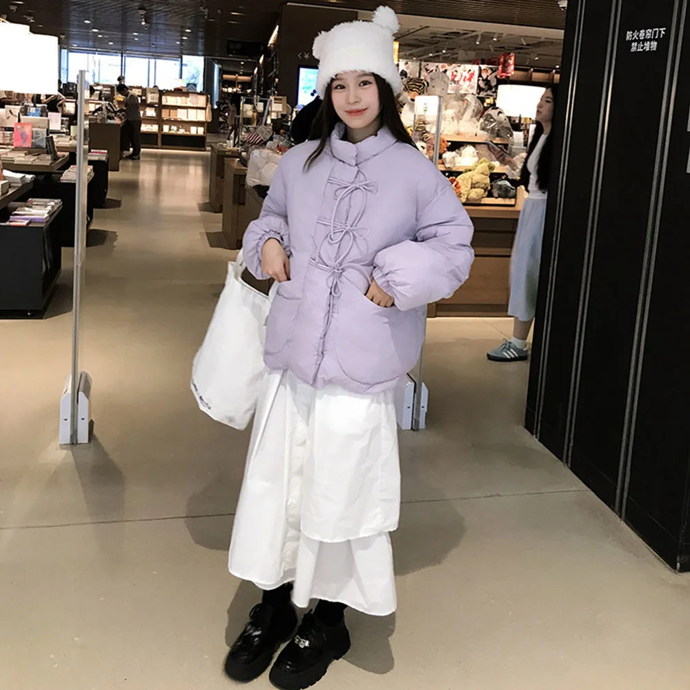 Manteau rembourré en coton léger à manches longues pour femmes, vestes à lacets avec nœud, parkas élégantes à la mode pour dames, hiver 2024