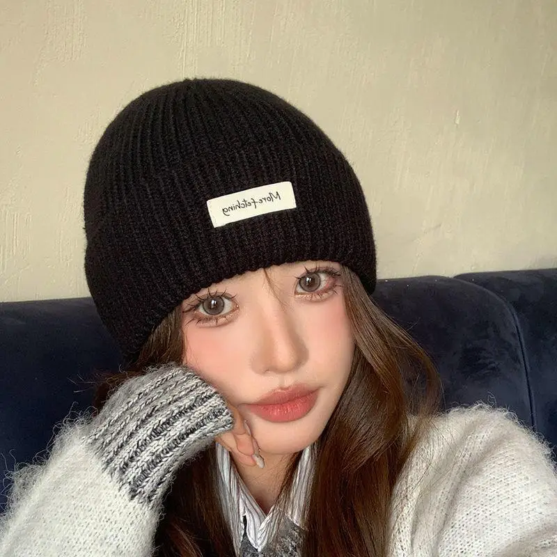 Winter Beanie Hat Label Patch Ribbed Knitted Warm Cap Cuffed Fuzzy Plush Autumn Outdoor Skiing Soft Stretchy Skull Hat Unisex
