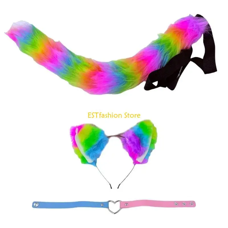 Y5GC Foxes Ears Headband Tail Fuzzy Cats Ear Headband Tail Choker Halloween Cosplay Party Cats Costume Accessories Kid Adult