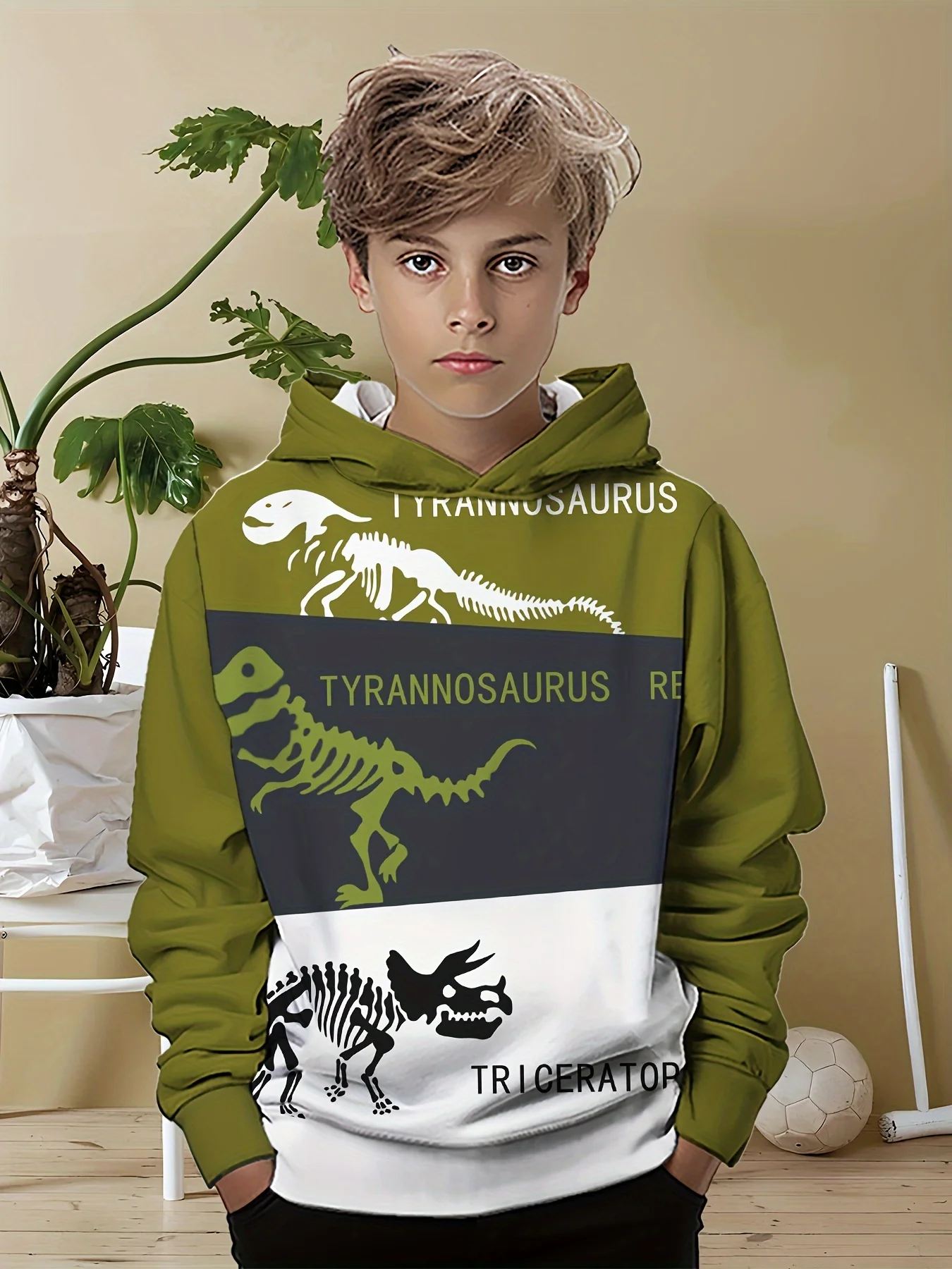 

Boys' Cool Dinosaur 3D Printed Hoodie - Comfortable Stretch Casual Hoodie, Machine Washable - Spring and Autumn Seasons