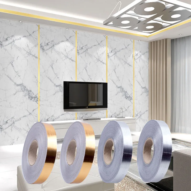 50m/Roll Brushed Gold Silver Floor Edging Waterproof Seam Wall Stickers Wall Gap Ceiling Home Decoration Self-adhesive Tile Tape