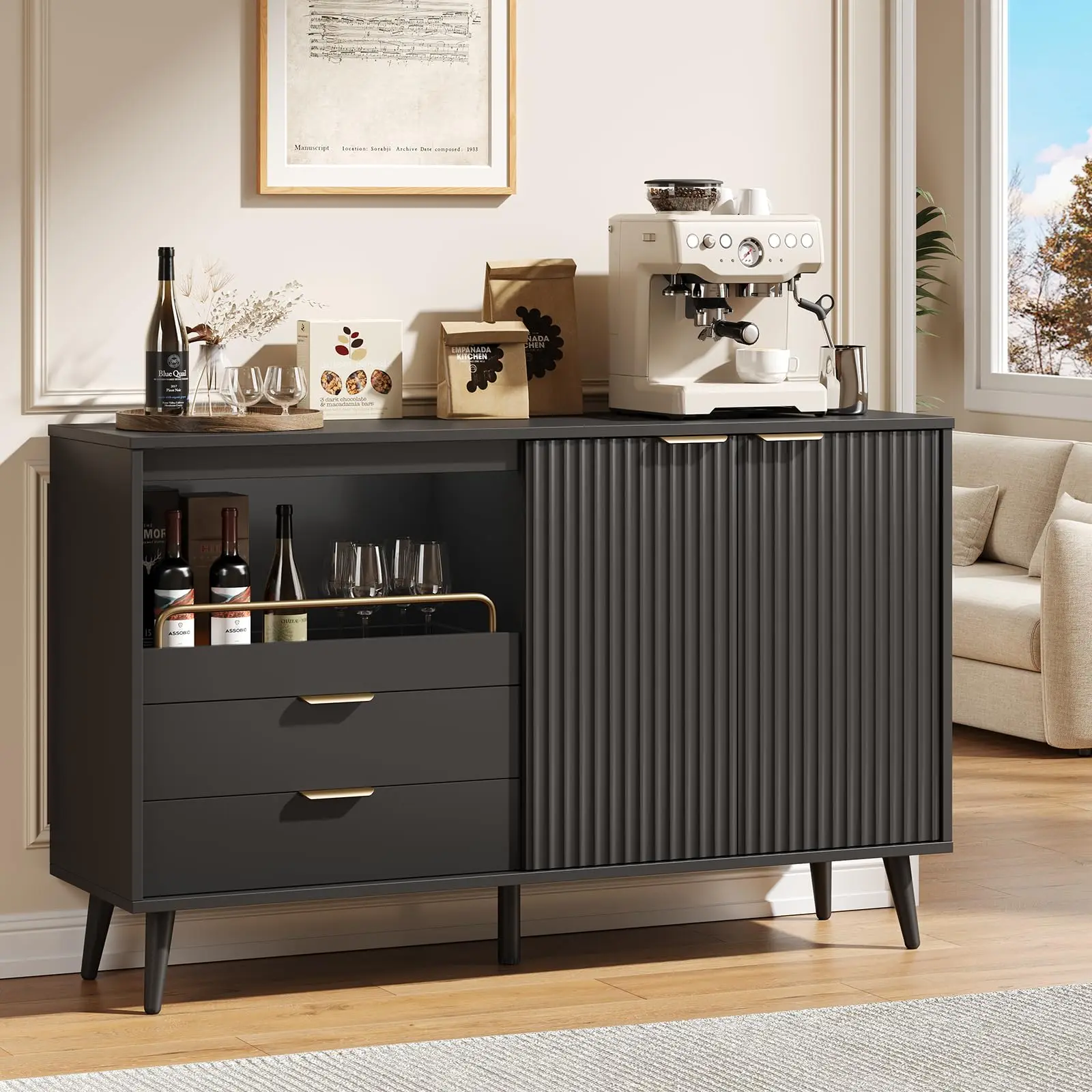 55 Inch Coffee Bar Cabinet with Drawers, Modern Liquor Cabinet