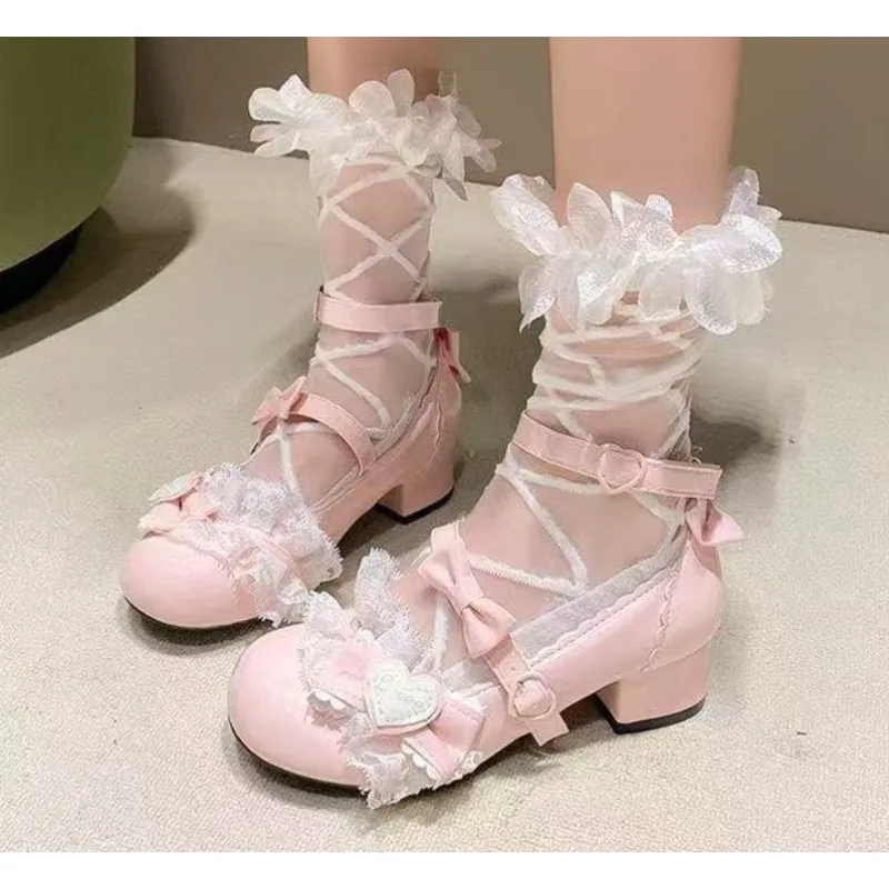 

New Style Elegant Women's Lace Leather Shoes Lolita Shoes Cute Lolita Japanese Sweet Bow Thick Custom Shoes Girls' Tea Party