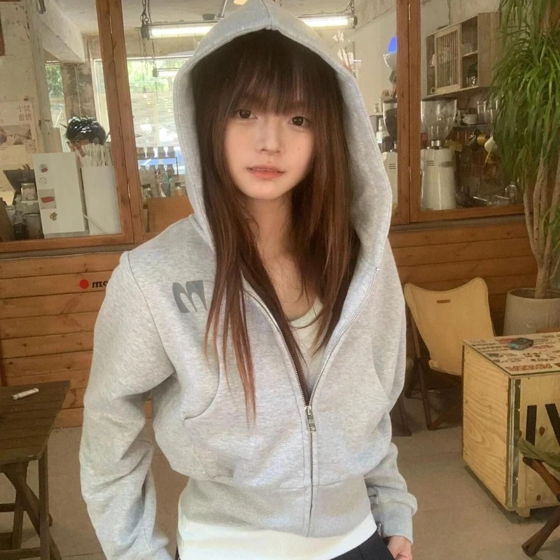 Deeptown Vintage Grey Zipper Hoodies Women Korean Style Casual Short Hooded Sweatshirts Harajuku Retro Classic Hoodies Street