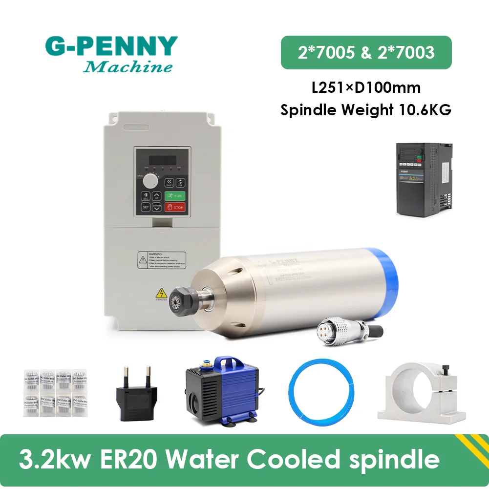 CNC ER20 3.2KW Water cooled spindle motor with 4.0KW Variable Frequency Driver VFD Inverter 100MM bracket WATER PUMP COLLET
