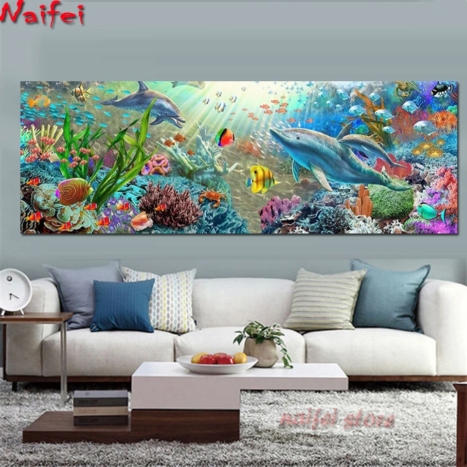 Large Size 5D DIY Diamond Painting Full Square/Round Drill Sea Dolphin Fish Mosaic Diamond Embroidery Cross Stitch 5D Decor Gift