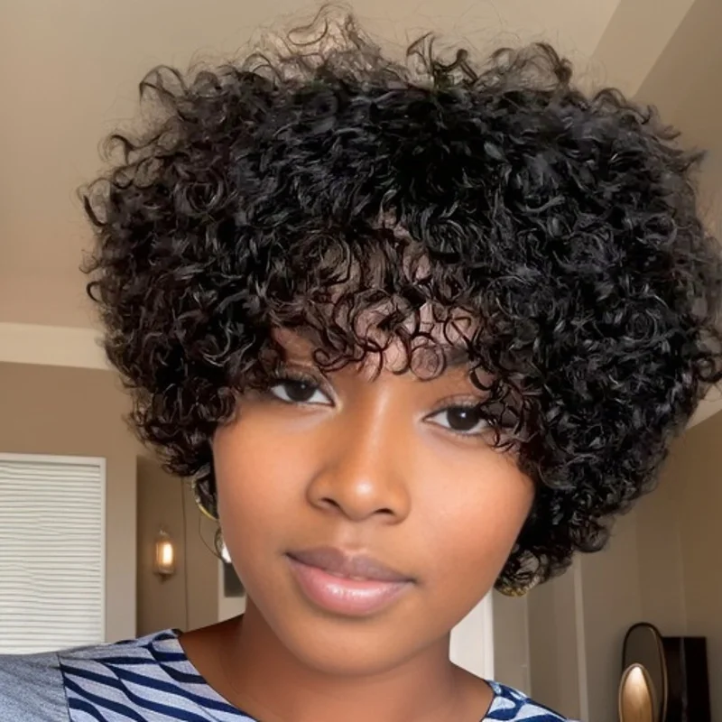 짧은 픽시컷 가발 여성용 인모 곱슬머리 가발 풍성하고 부드러운 곱슬머리 기계식 가발