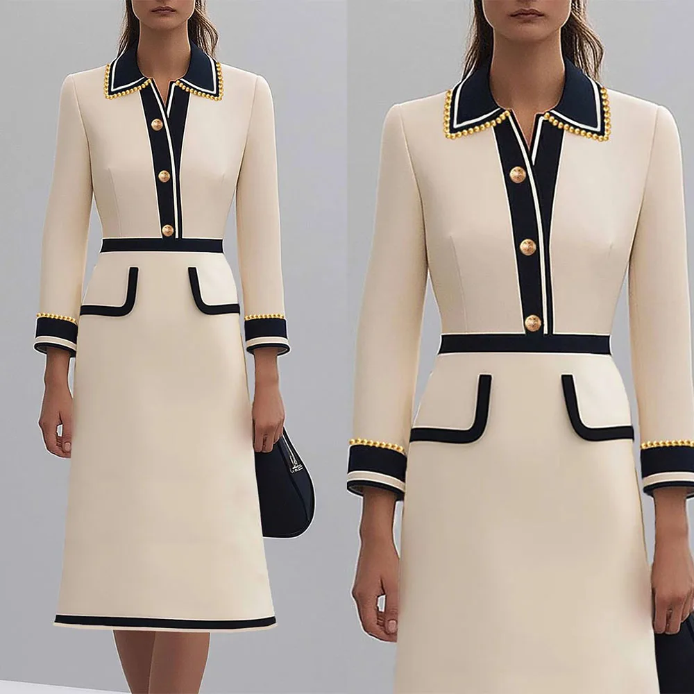 

Высококачественное индивидуальное женское вечернее платье с V-образным вырезом, длиной до колена, на пуговицах, с длинными рукавами и бисером