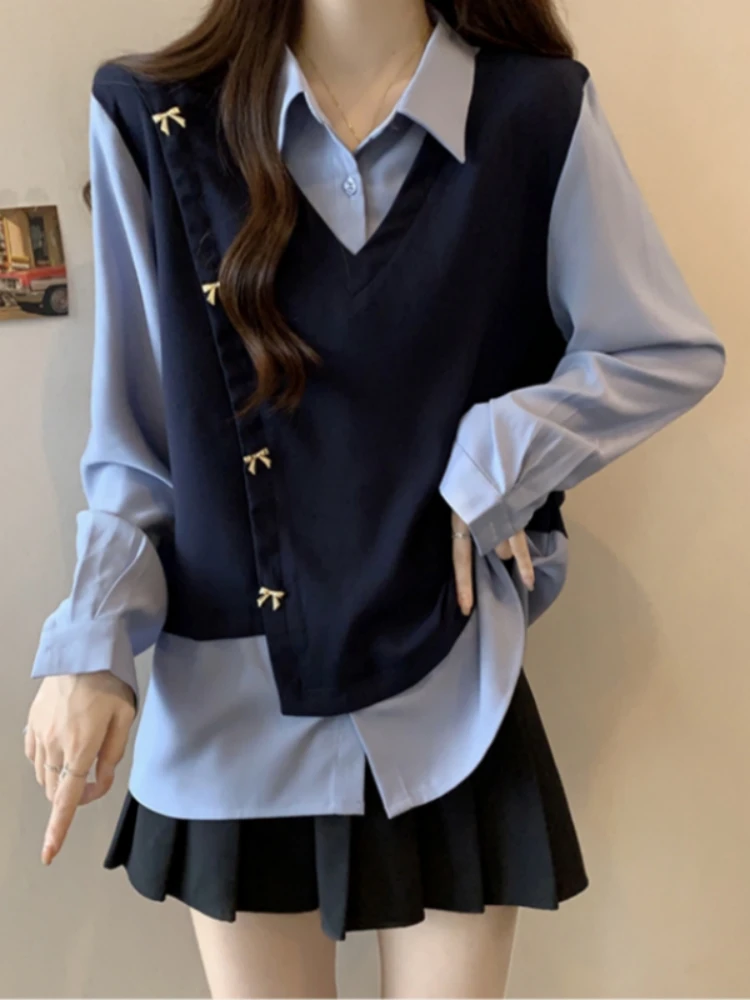 

Slimming Design Large Size Collar Long Sleeve Vest Shirt Fake Two-Piece Set Women's Spring Autumn Fashion plus Size Clothes