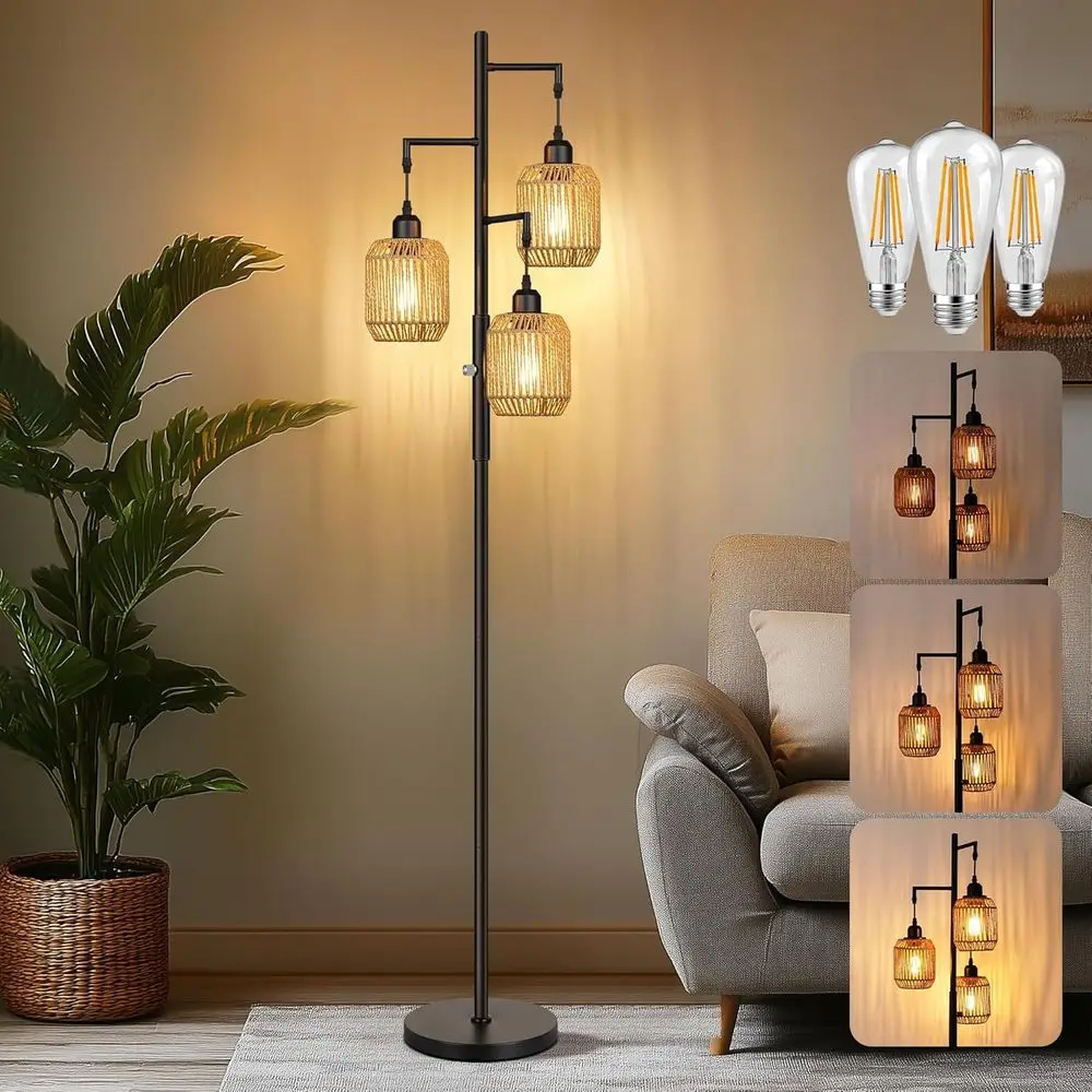 

Dimmable 3-Light Boho Floor Lamp with 3x6W LED Bulbs, 68 Tall, Ideal for Living Room, Bedroom, or Office, Rustic Black