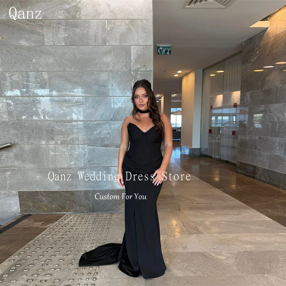 

Qanz Black Mermaid Vestidos De Fiesta Elegantes Satin Sweetheart Evening Dresses Long Train Formal Occasion Dress Customized