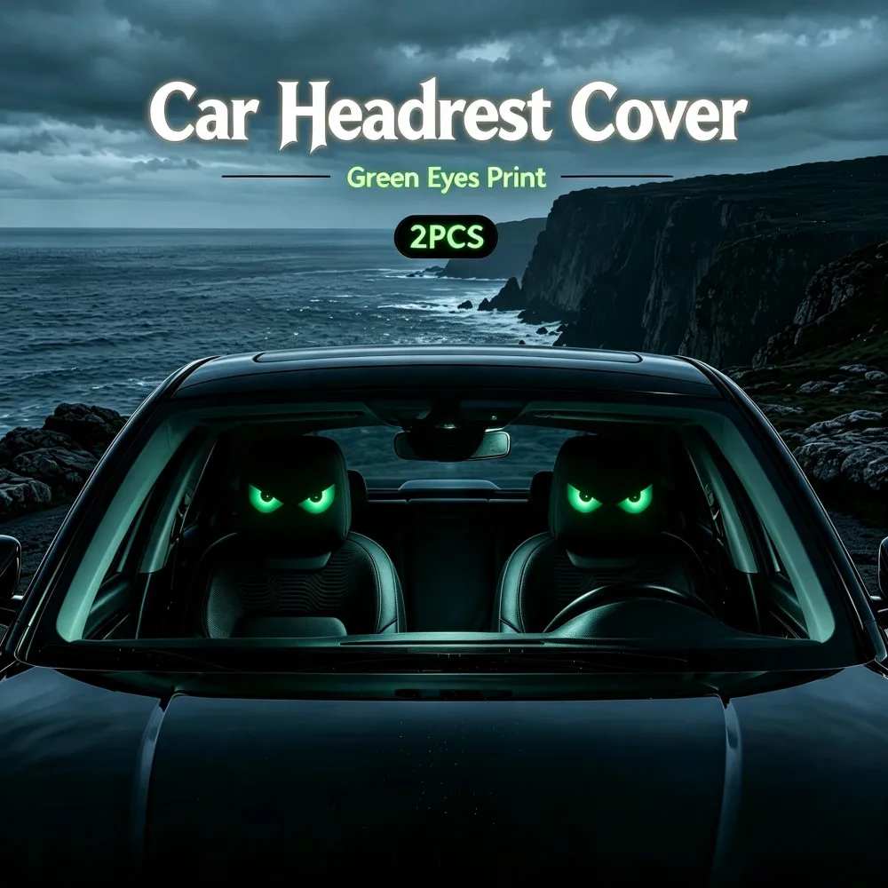 2 Stück grüne fluoreszierende Augen-Auto-Kopfstützenbezüge, Halloween-Dekorationen, 2D-gedruckt, hochelastisch, weich, universell