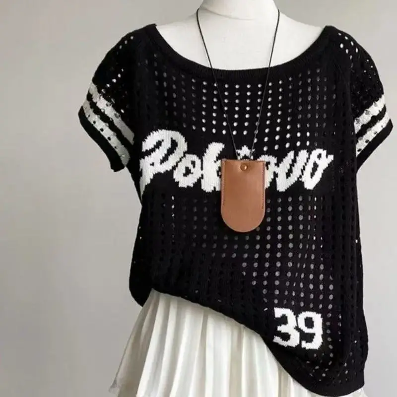 Letter Print Pointelle Knit Off the Shoulder Blouse for Women Oversized Hollow-out Short Sleeve Tops Y2K Retro Streetwear