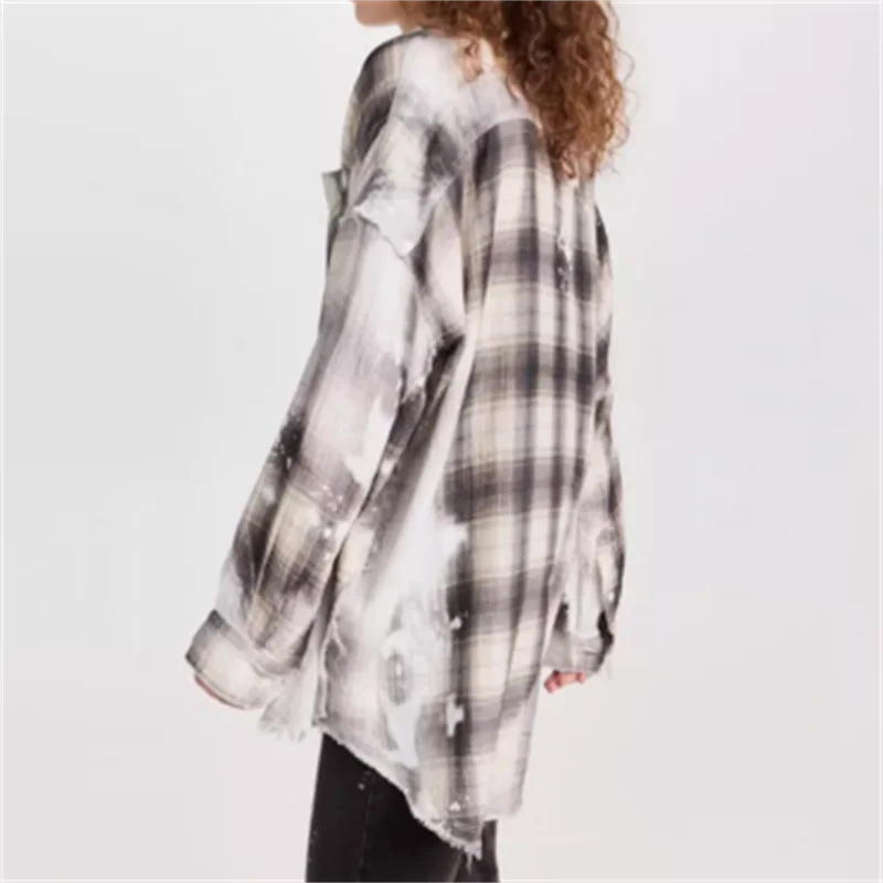 women's clothing trend 2024 autumn new washed and worn Women's shirt pure cotton long sleeved top Plaid printed women's blouses