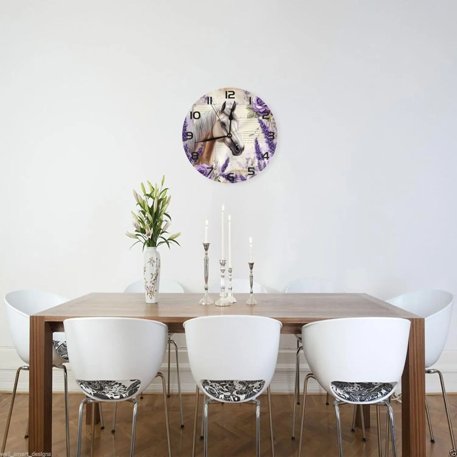 Lavender Roses Horse Wall Clock 10 In Silent Non Ticking Wall Clocks Battery Operated Wall Decorative Clock for Bedroom Kitchen