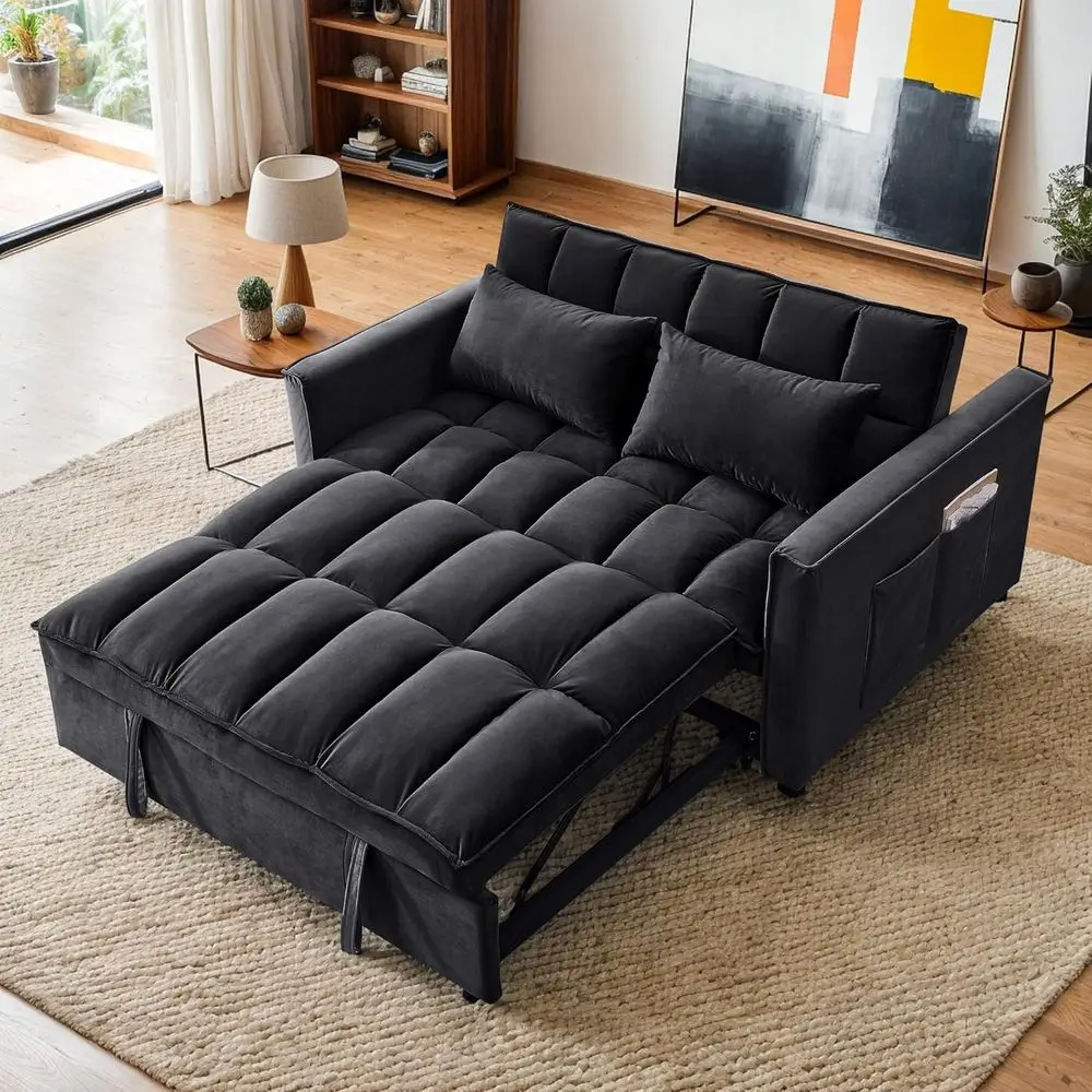 

Convertible Sleeper Sofa Loveseat Couch with Pull-Out Bed and Adjustable Backrest, Velvet Fabric Sofa with Side Pocket for Livin