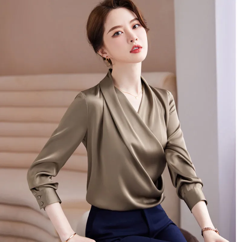 Coffee Acetate Satin Shirt Women Autumn 2022 New Design V Neck Fashion Temperament Formal Blouses Office Ladies Work Tops