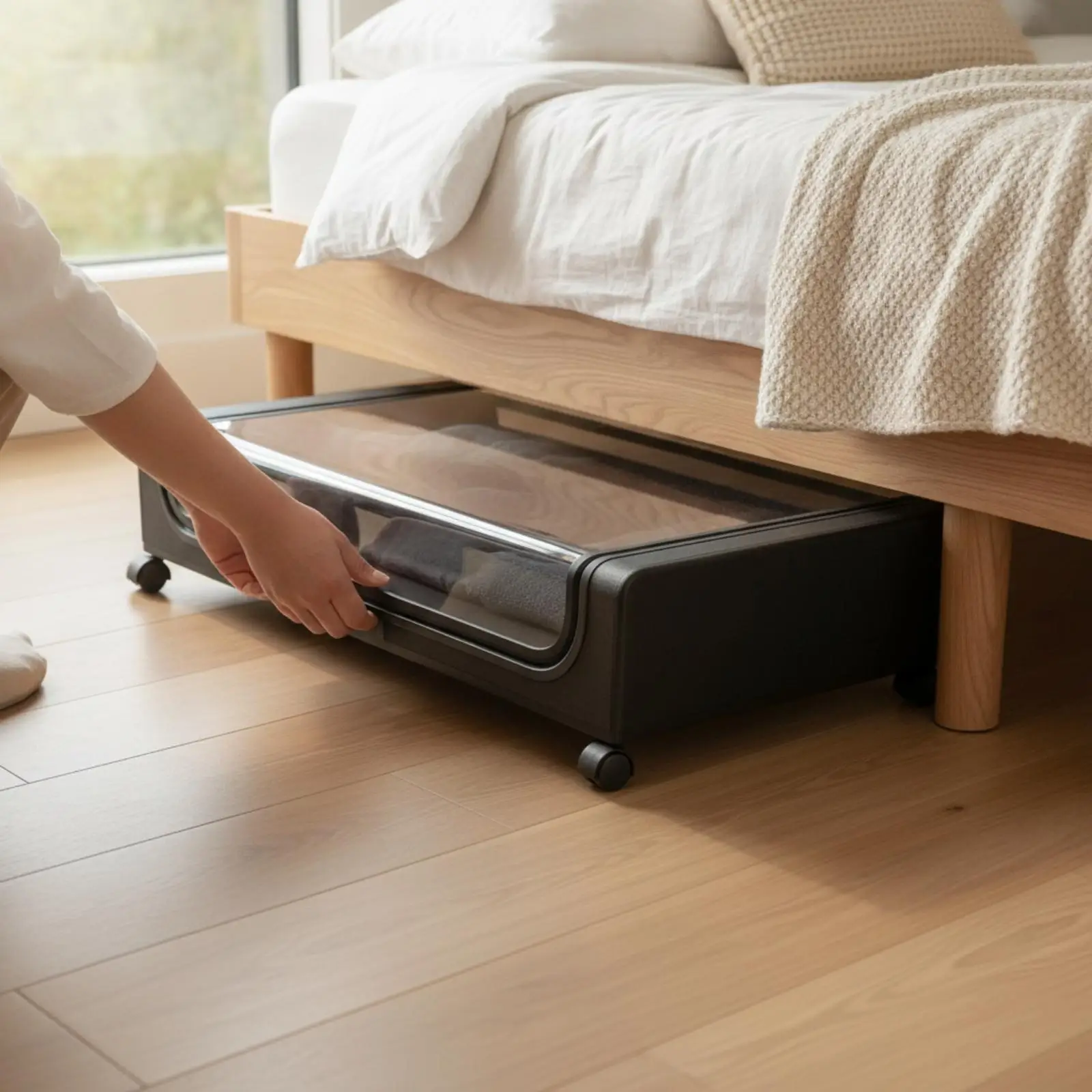 Under Bed Wheeled Storage Container with Side Handle for Bedroom Organization Clear Lid Rolling Box