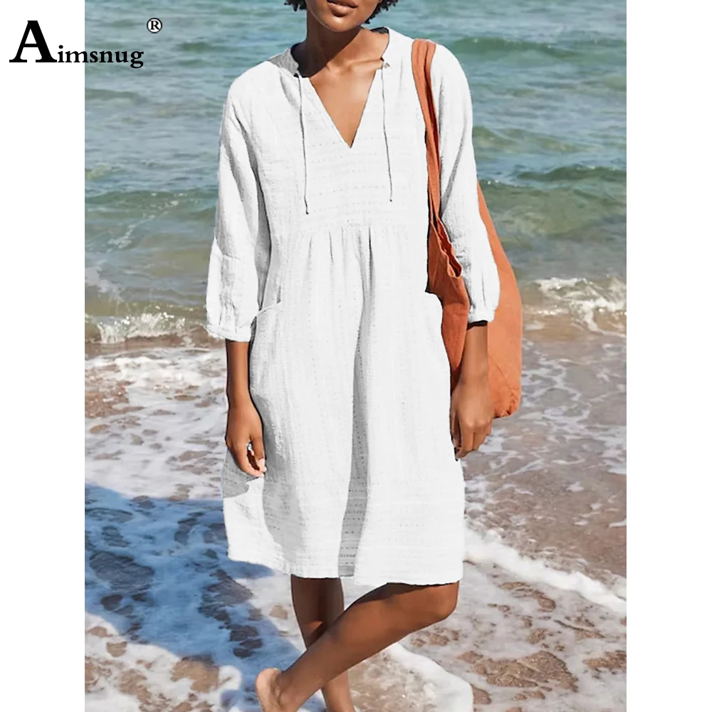 Aimsnug Women Three Quarter Sleeves Casual V-neck Dress Cotton Linen Beach Shirts Dresses Female Knee-Length Dress Clothing 2023