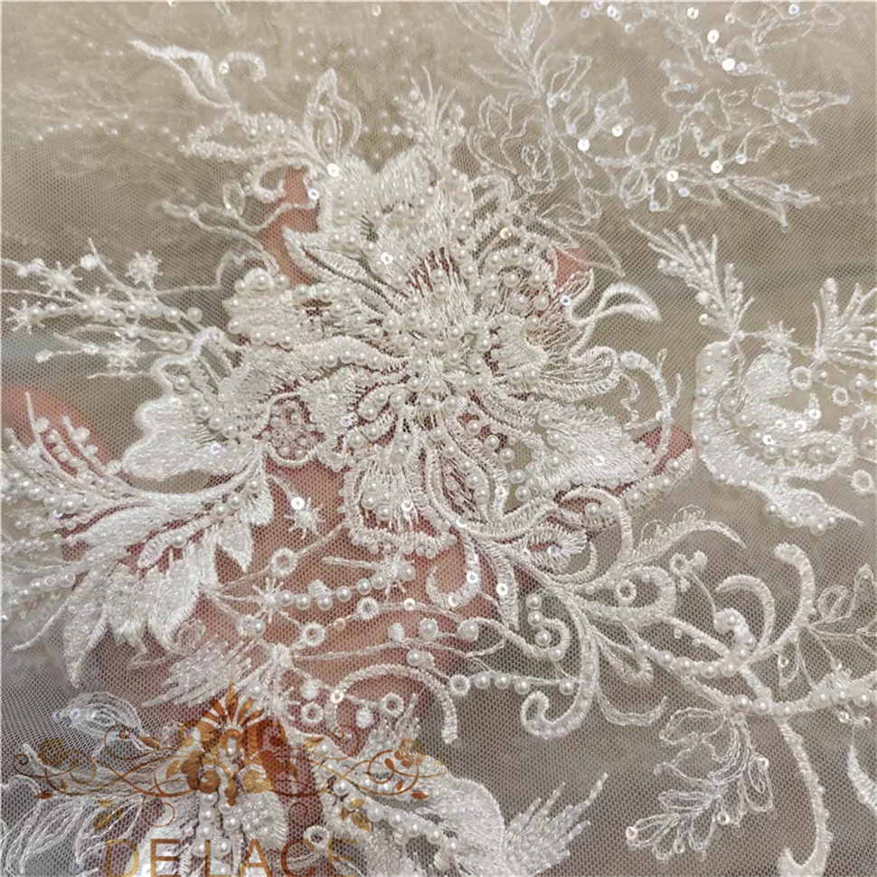 

JZQ Luxury 3D Beaded Pearl Floral Embroidery Bridal Handmade Lace Fabric Ivory Beads Sequin Lace for Wedding Dress