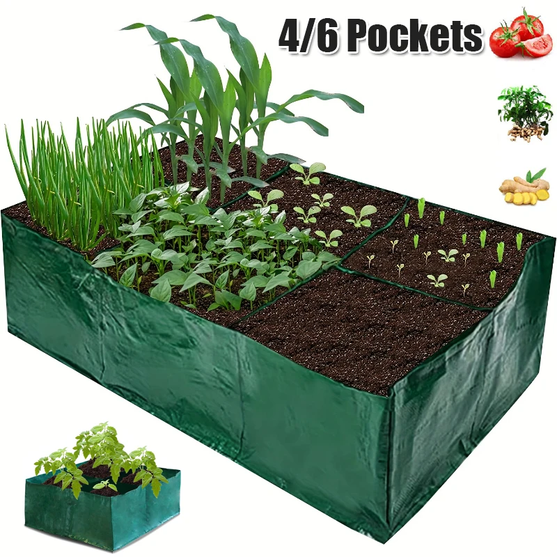 Garden Bed Garden Planting Bed Bag with 4/6 Partition Grids Square PE Flowerpot with Drain Holes Planting Container Planting Bag