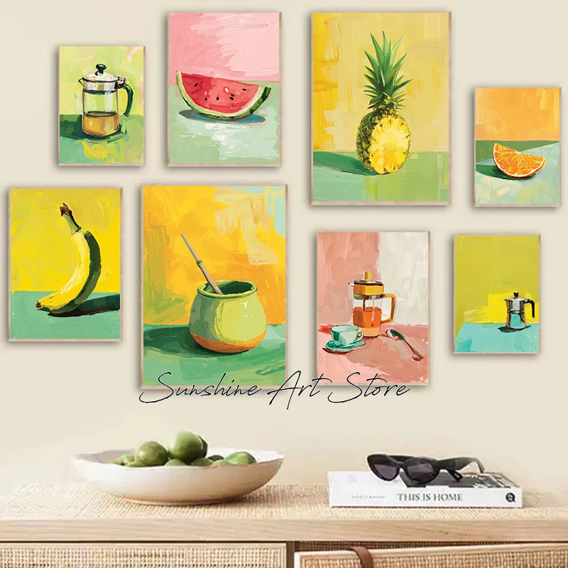 Kitchen Banana Orange Pineapple French Press Coffee Vintage Fine Art Rustic Yerba Mate Poster Canvas Painting Wall Picture Decor