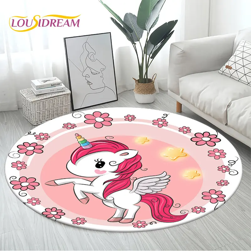 3D Cartoon Cute Unicorn Area Rug Large,Round Carpet Rug for Living Room Bedroom Sofa Decoration,Children Play Non-slip Floor Mat