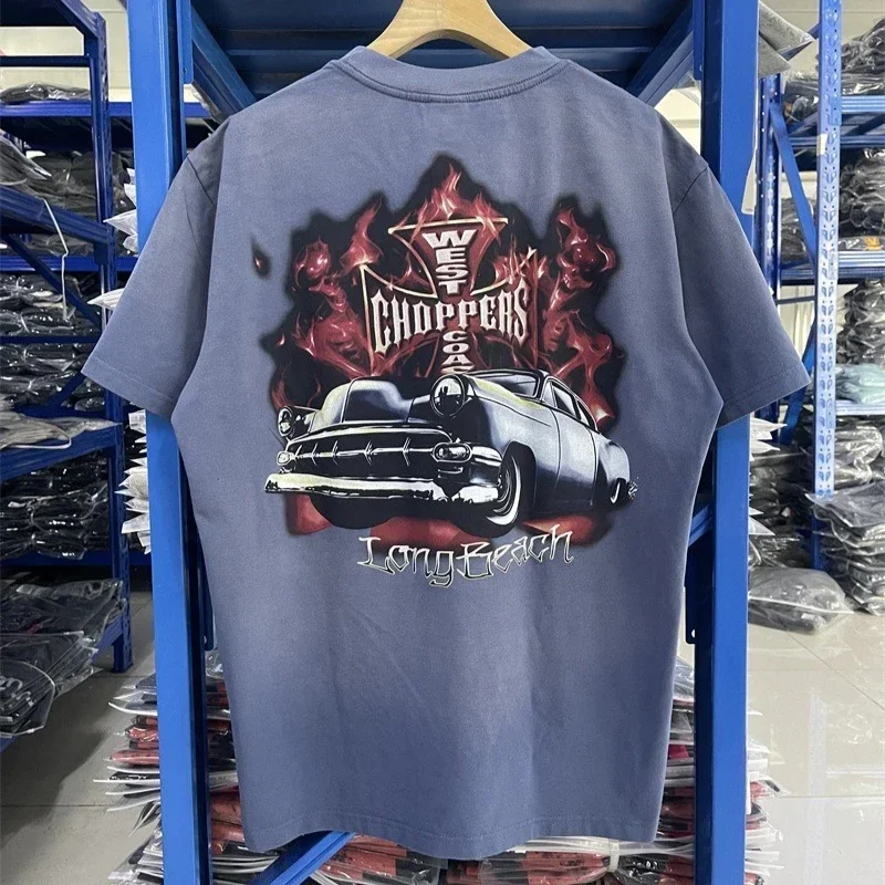 

Футболка большого размера с принтом автомобиля из чистого хлопка West Coast Choppers для мужчин и женщин, 1:1, мытый синий, с короткими рукавами