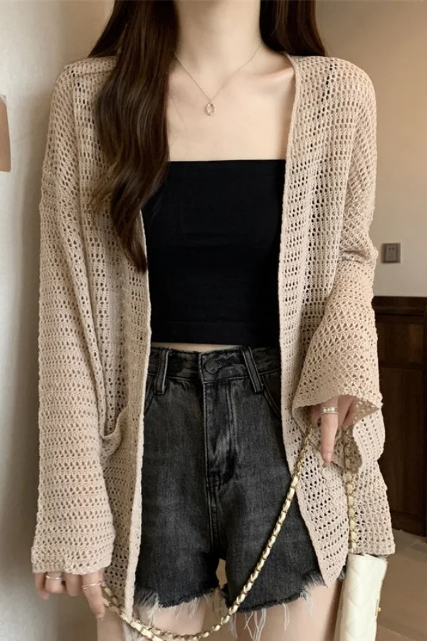 Summer Sunscreen Shirt Elegant Hollow Out Thin Knitted Blouse Korean Fashion See Through Loose Top Casual Women's Cardigan Z494