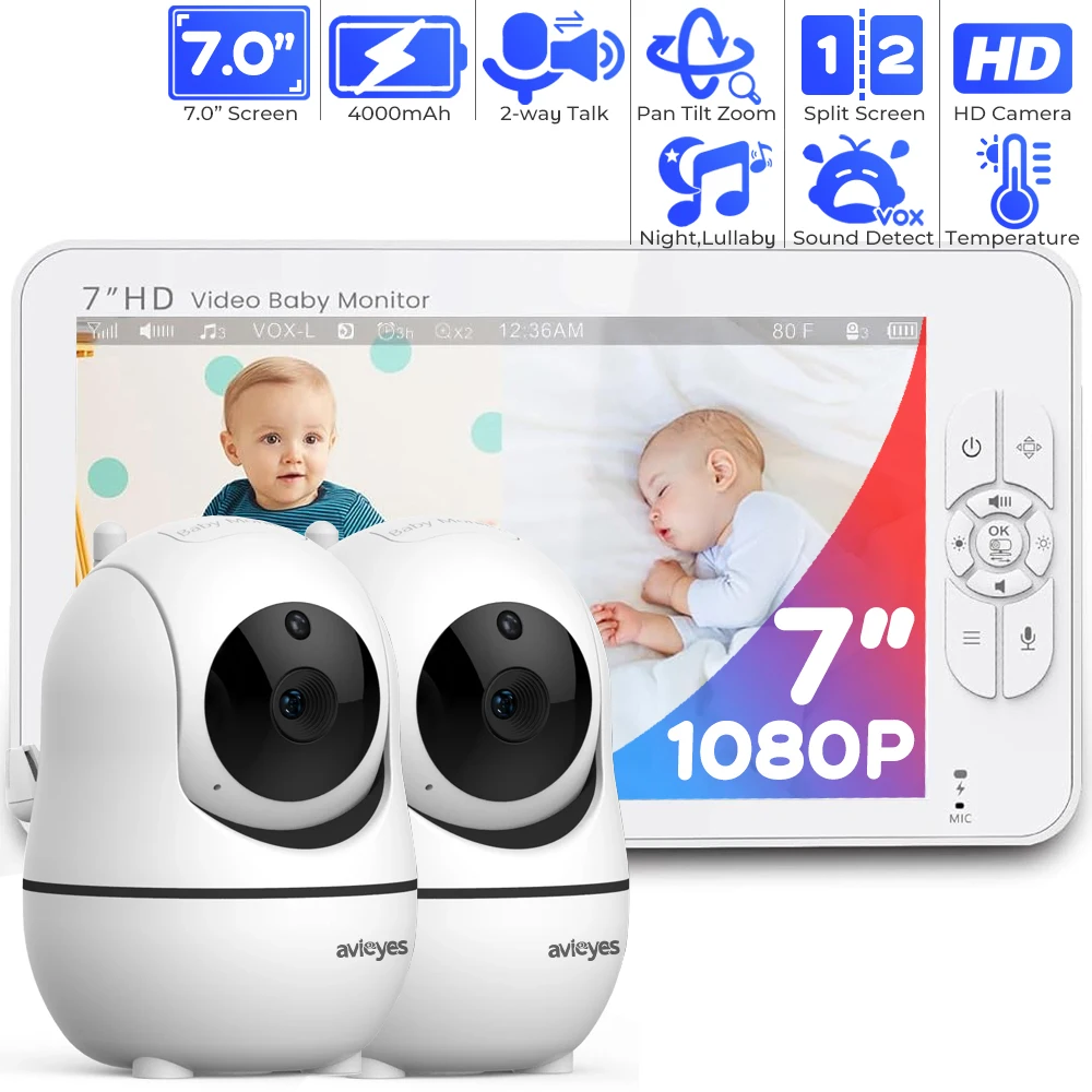 7 Inch Electronic Baby Monitor with 2 Cameras Split Screen 1080P Pan-Tilt-Zoom Baby Phone Two-way Talk Clear Night Vision Nanny