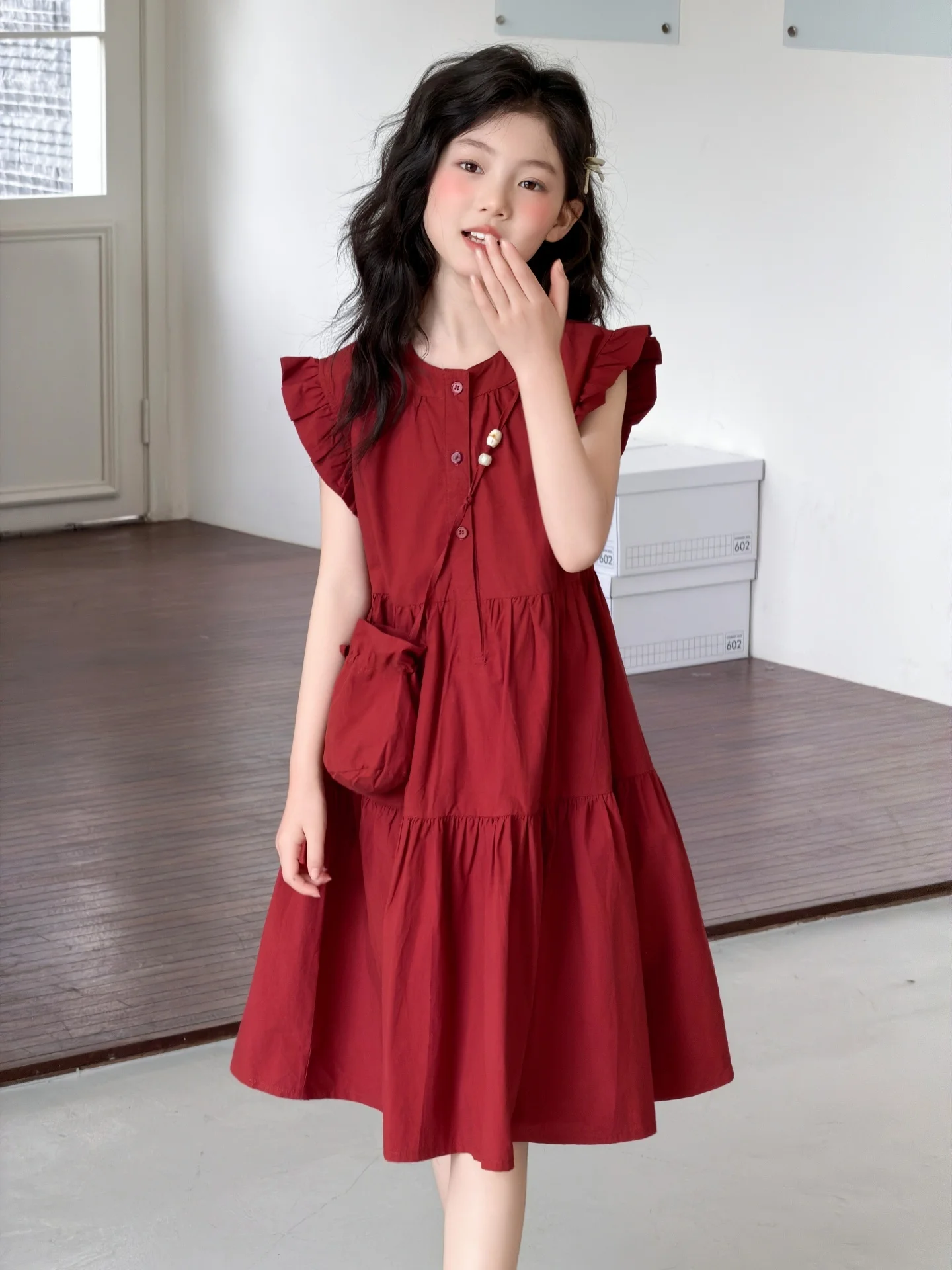 Vestido de Algodão de Verão para Meninas, Estudantes do Ensino Fundamental, Saia com Mangas Pequenas e Elegantes, Saias Larga...
