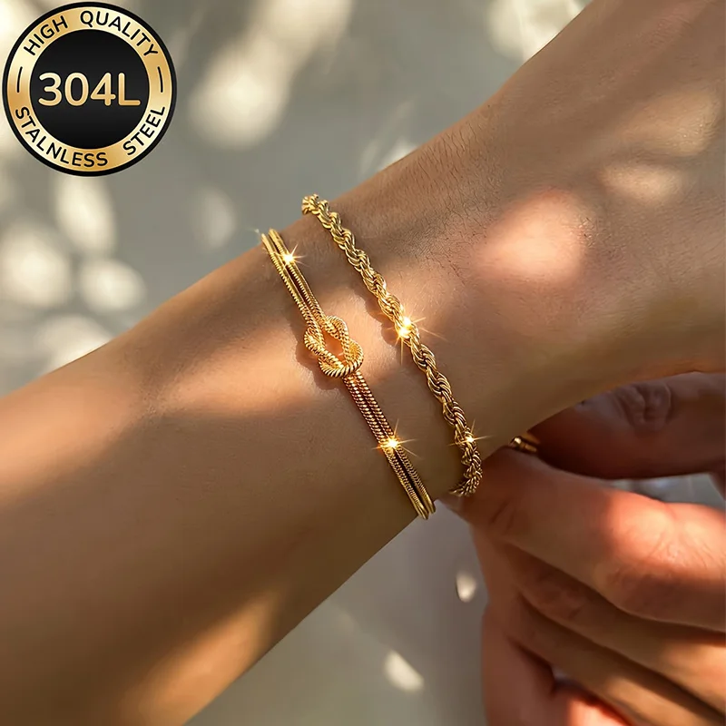 2 Stück 18K Vergoldete Edelstahl-Armbänder Wasserdicht Nicht Anlaufend Stapelbar Elegant für Alltag Party Urlaub Geschenk – Detail 1
