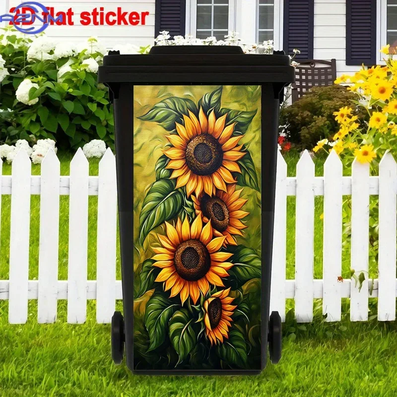 2D 1PCLush Green Leaves And Vibrant Sunflowers Trash Can Stickers | Self-Adhesive, High-Glossy Polyvinyl, Artistic Floral Remo