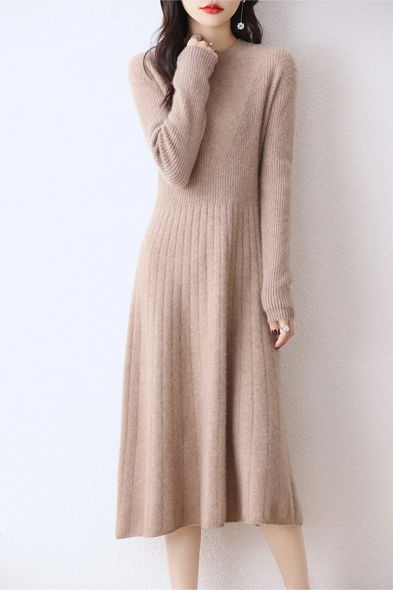 Long Sweater Dress for Women, 100% Merino Wool, Striped, Round Neck, Pleated Skirt, Pullover, Autumn and Winter, New