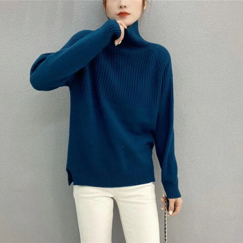 Spring and Autumn Women\'s Solid Stripe Pullover Turtleneck Patchwork Elegant Sweater Bottom Fashion Screw Thr Casual Formal Tops