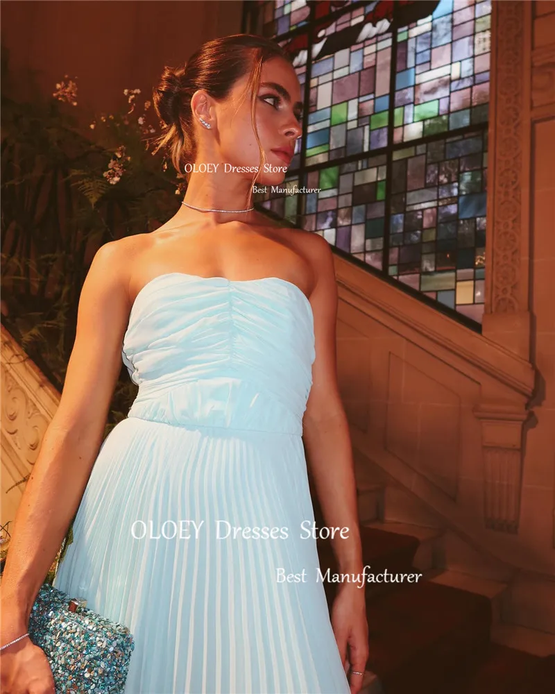 OLOEY 간단한 라이트 블루 이브닝 드레스 쉬폰 아랍어 여성 Strapless 바닥 길이 댄스 파티 드레스 파티 공식 드레스 플러스 사이즈