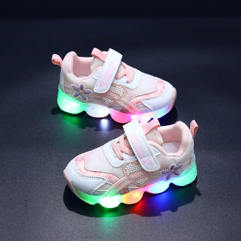 

Child sneakers spring new LED illuminated girls' sneakers flower kids shoes fashion girls' shoe love girl casual shoe кроссовки