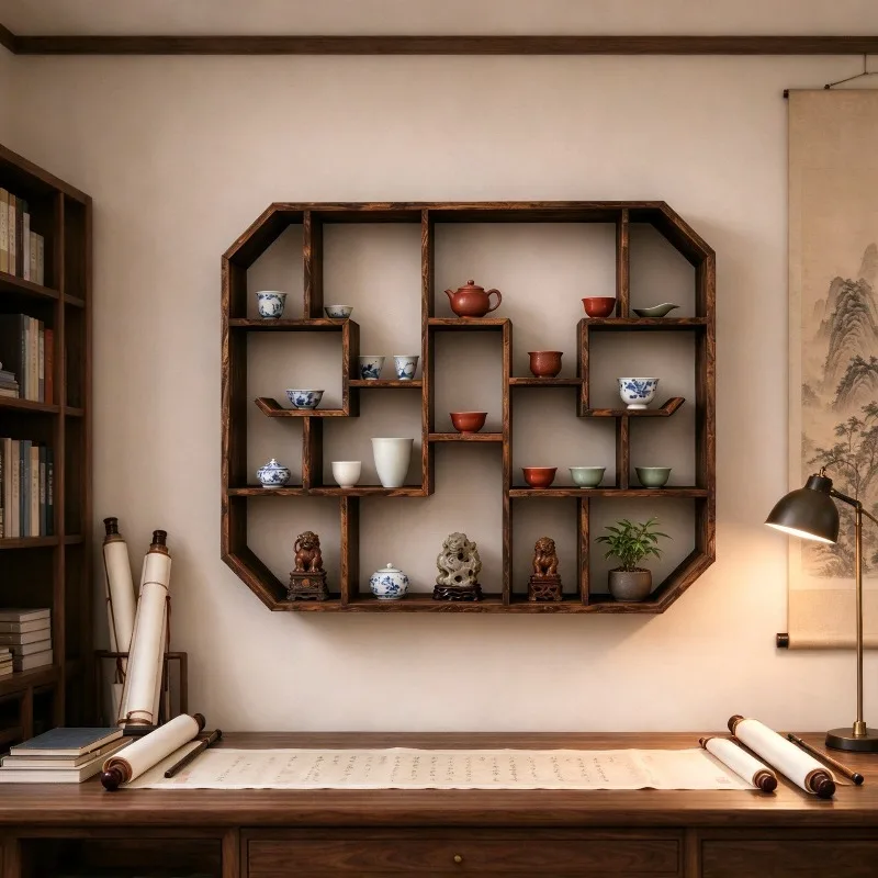 Teapot Storage Rack Wooden Wall Hanging Tea Display Stand Multi-grid Teacup Figurine Ornaments Shelf Chinese Style Wall Decor