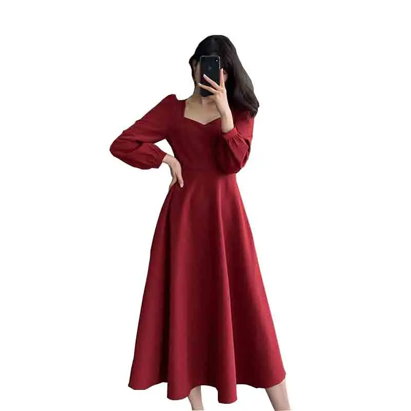 

new springautumn Cotton Women's Long Dress Black V-neck Long sleeved A-line Loose Dresses Female New Casual Elegant Lady Clothes