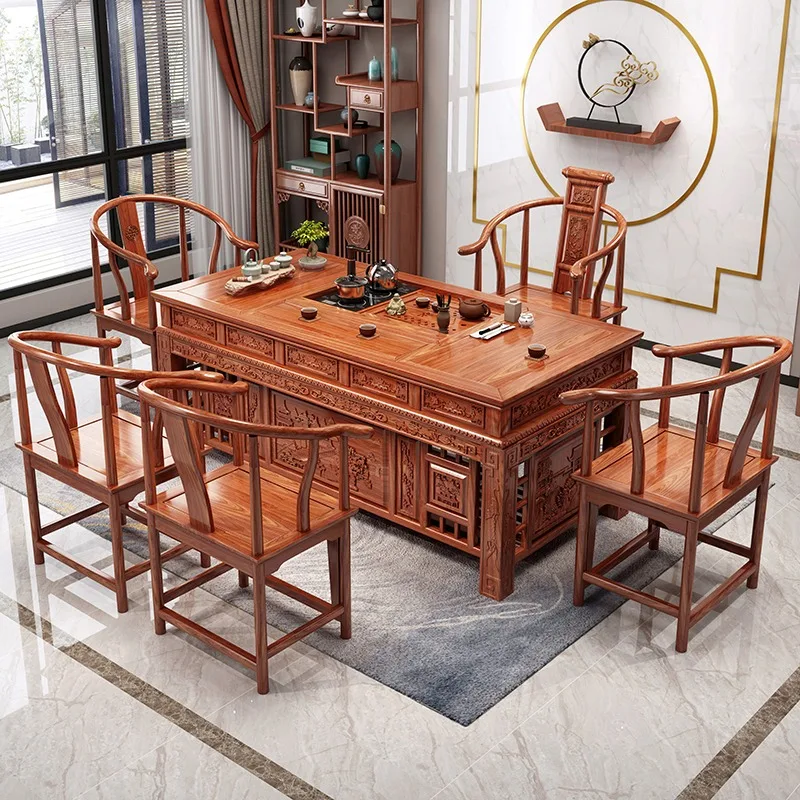 طاولة شاي من الخشب الصلب وكرسي مزيج طاولة واحدة وخمسة كراسي مجموعة مكتب منزلية صينية جديدة من الدردار الكونغ #3