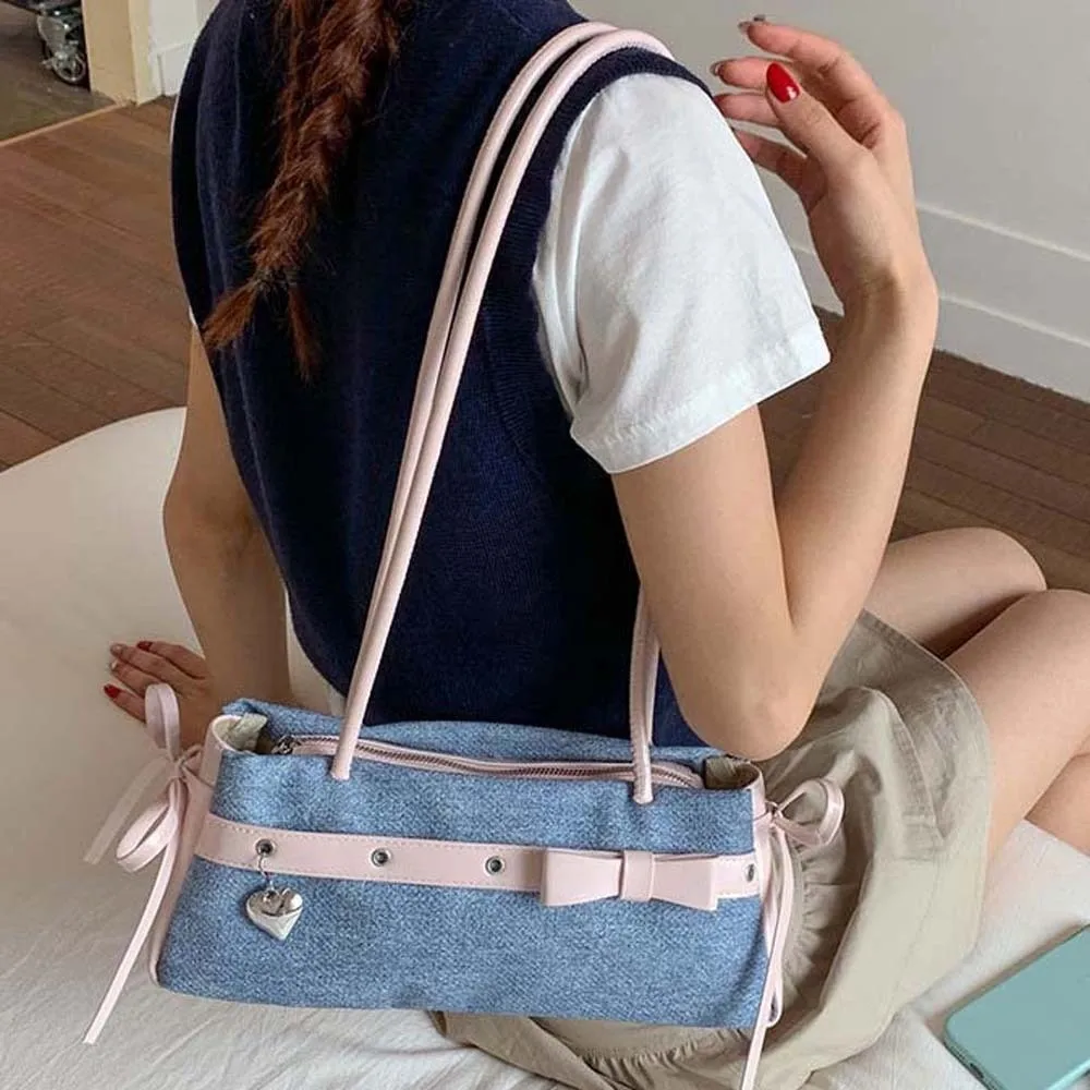 

Сумка-багет Sweet French Stick с контрастной лентой и бантом, из искусственной кожи, водонепроницаемая, большая вместимость, джинсовая сумка на плечо, на каждый день