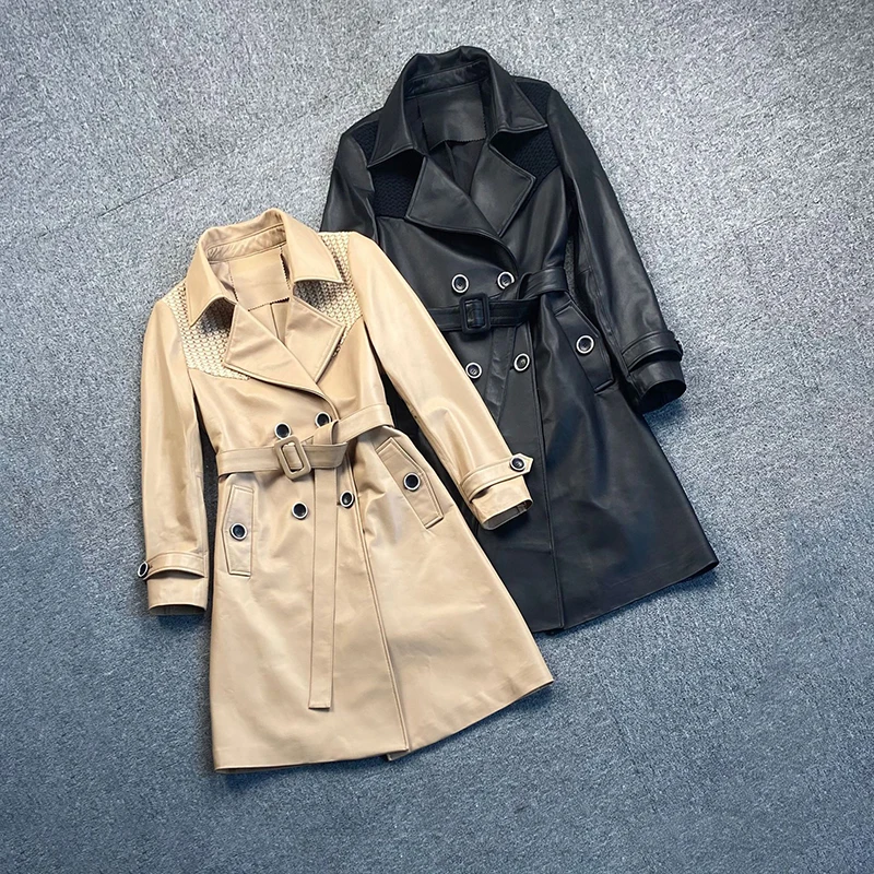 

Female Real Leather Trench Chaqueta Mujer Sheepskin Stitching Coat Mid-length Collect Waist Button Belt Suit Collar Windbreaker