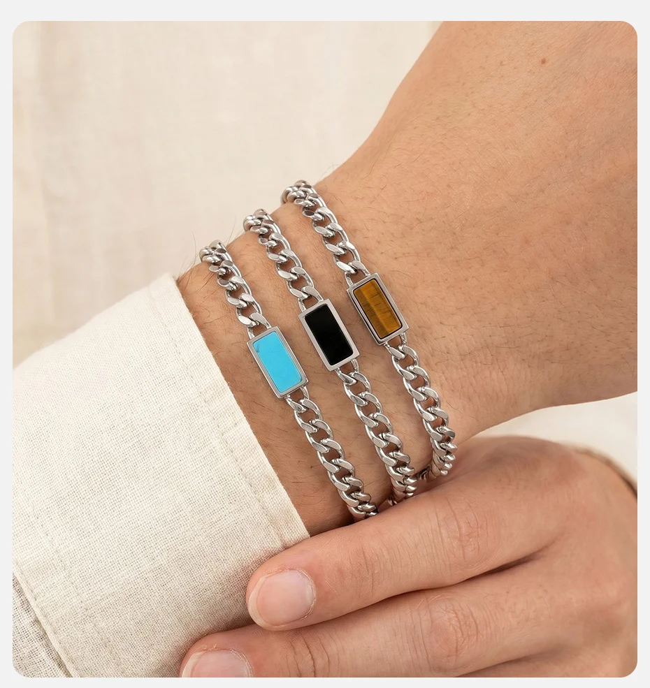 Vnox Herren Kubanische Gliederkette Armband, Edelstahl Verstellbare Kette mit Türkis/Tigerauge/Schwarzem Acryl, Vatertags-Geschenk – Detail 2