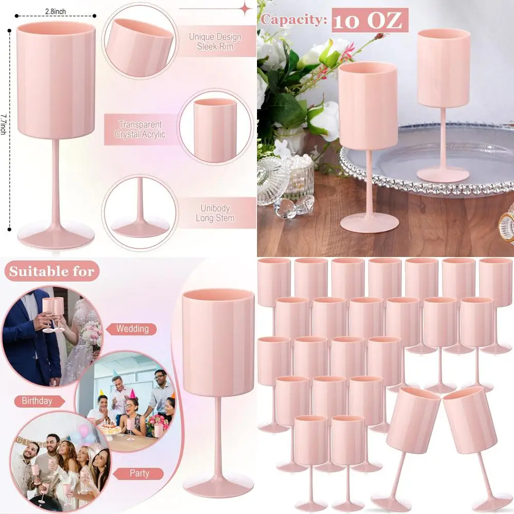 

10 oz Pink Stemmed Acrylic Wine Glasses, Set of 24 for Wedding, Party, and Special Occasions