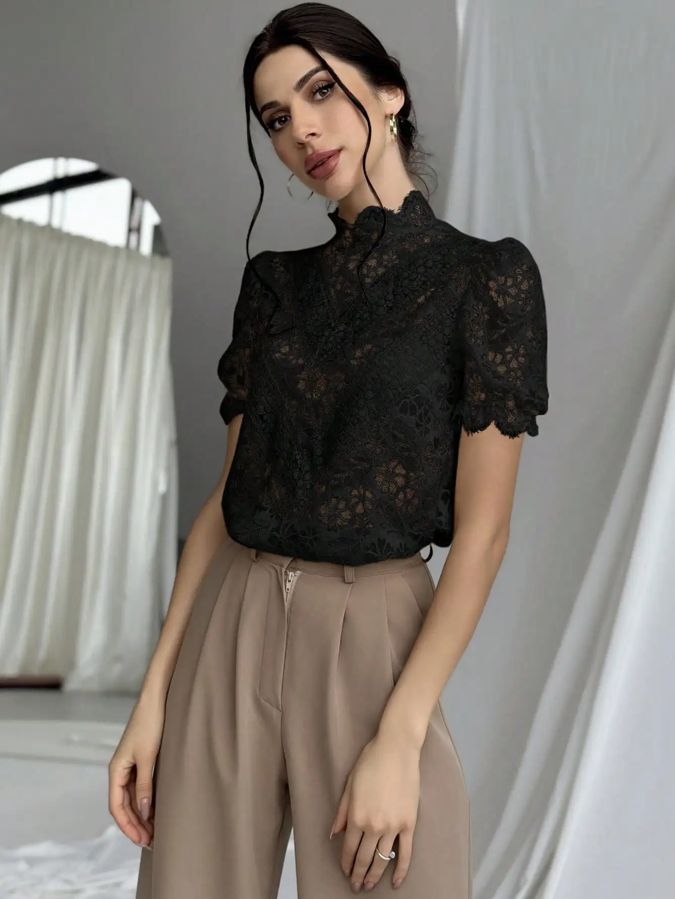 Blouse Women Y2K Black 25 Spring Summer Lace Sleeve High Neck Loose Fit Sexy Casual Streetwear Office Ready Dinner Date Weekend