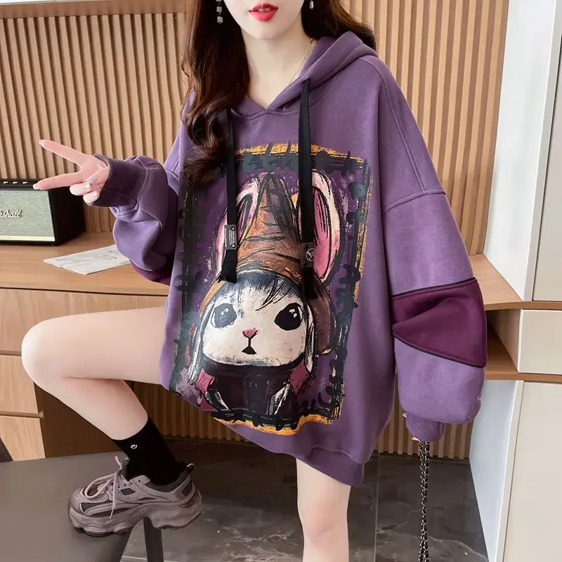 Color cartoon design sweater women\'s autumn 2024 new rabbit ears loose fashion plus size hooded coat casual coat. hoodie bape