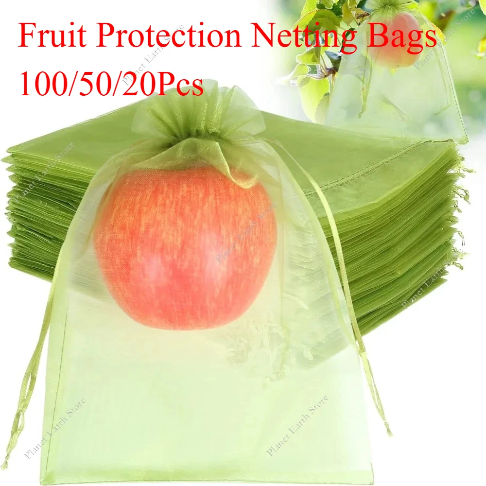 20/50/100Pcs Fruit Protection Netting Bags with Drawstring Green Netting Cover Bags Pest Barrier for Grapes Mango Veggies Garden